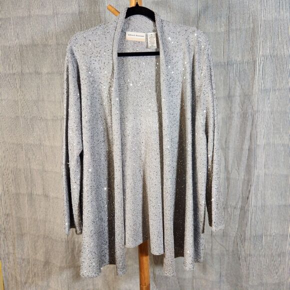 Alfred Dunner 2X $103‎ Silver Gray Sparkle Sequin Open Front Cardigan Sweater - Picture 1 of 9